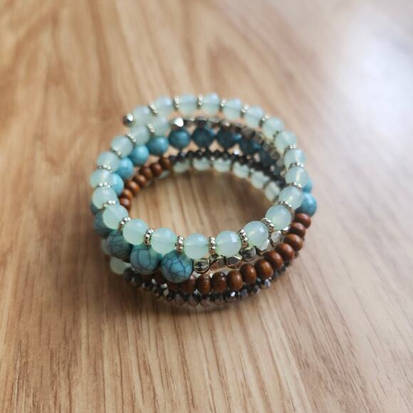 Memory Wire Coil Wrap Bracelet Turquoise Opalite Wood Silver Beads Stacked Boho - Picture 3 of 8